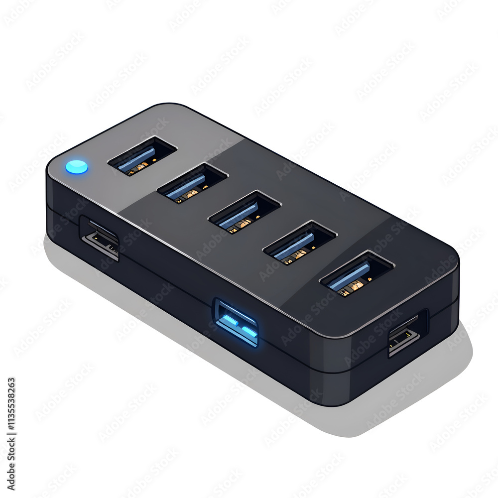 Sleek usb hub with multiple ports for seamless connectivity and power management, digital art of product design concept. Sleek usb hub with multiple ports for seamless connectivity and power management, digital art of product design concept.