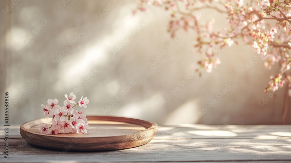 Cherry blossoms arranged beautifully on a wooden plate in soft natural light Cherry blossoms arranged beautifully on a wooden plate in soft natural light