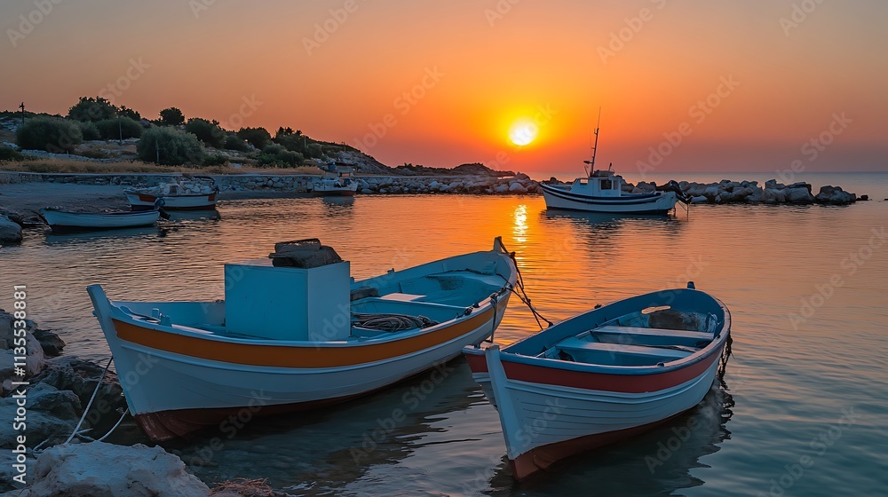 Golden Sunrise over the Aegean Sea, Greece: Fishing Boats at Rest Golden Sunrise over the Aegean Sea, Greece: Fishing Boats at Rest
