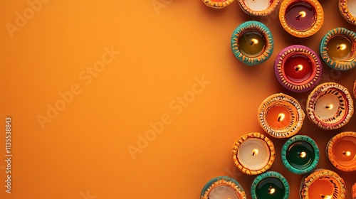 A festive Diwali celebration with colorful diyas and rangoli patterns against a warm orange background, macro shot, Minimalist style photo