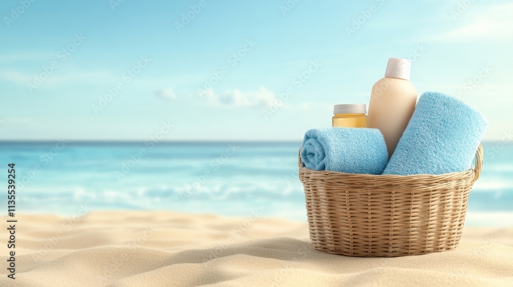 Wicker Basket with Towels and Skincare Products on Sandy Beach by Ocean Wicker Basket with Towels and Skincare Products on Sandy Beach by Ocean