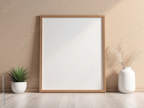 blank poster frame close up standing on floor near wall in a room, Light Fawn wall background photo