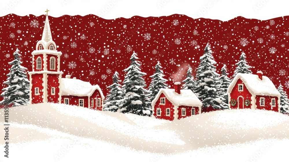 Fototapeta premium Winter wonderland scene snowy village with church christmas decor festive atmosphere scenic view holiday spirit