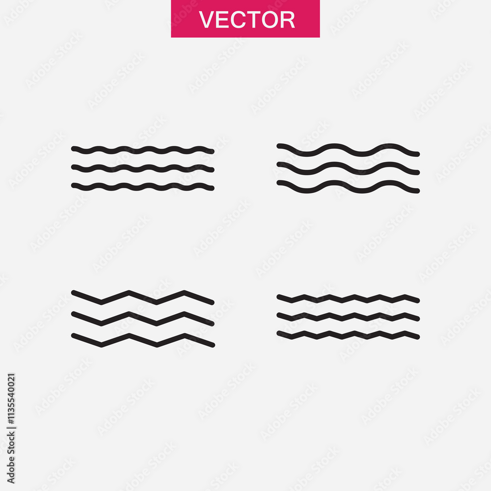 Fototapeta premium Wave icon set. Vector flat black linear illustration for web and app..eps