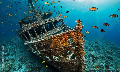 Sunken Shipwreck teeming with vibrant orange fish in a clear ocean. photo