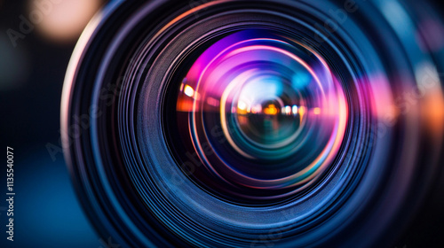 Close-up of a camera lens reflecting vibrant colors at sunset