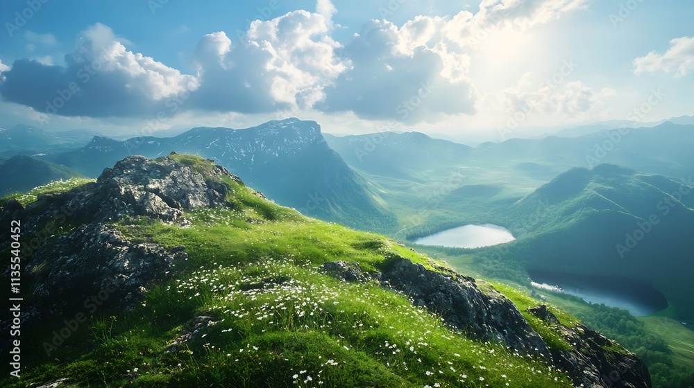 Fototapeta premium Majestic Mountain Range Overlooking Clear Lakes with Lush Greenery : Generative AI