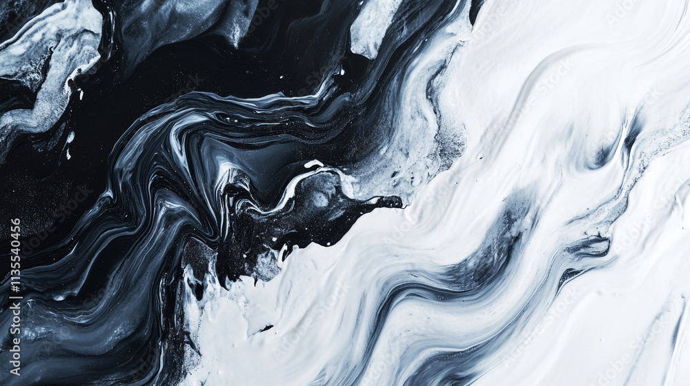Abstract black and white marble swirl artwork created with fluid painting techniques