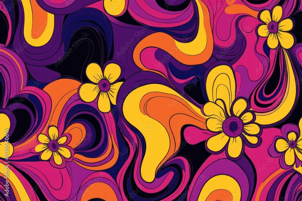 Fototapeta premium Psychedelic floral pattern with swirling colors and yellow flowers on a dark background.