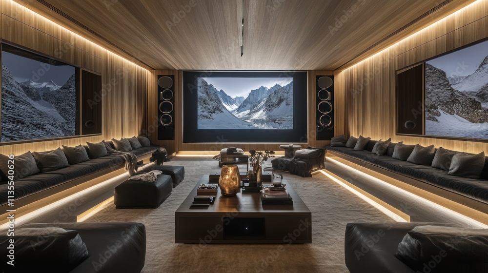 Wooded home cinema with couches, projector, and speakers.