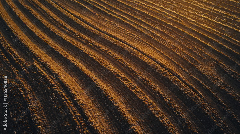 Golden patterns of freshly plowed farmland under the evening sun Golden patterns of freshly plowed farmland under the evening sun