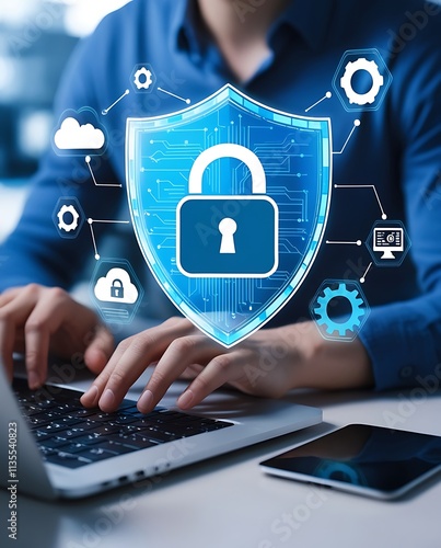Cybersecurity and privacy concepts to protect data and encryption, secure internet network security technology. Businessman protecting personal data by Lock icon of cyber security.