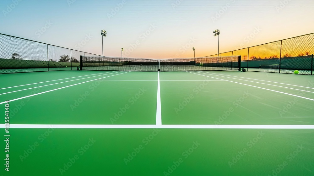 Fototapeta premium Tennis Court Sportsmanship Tennis court at sunset, vibrant colors.