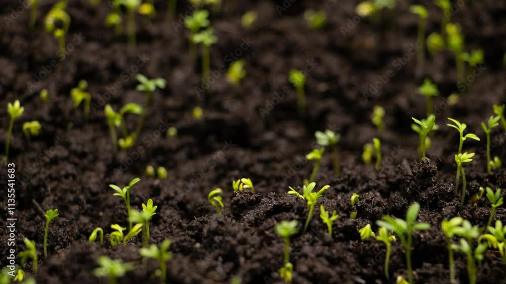 Fresh Green Plants Growing In Time Lapse, Sprouts Germination From Seeds In Soil, Beautiful Agriculture At Springtime Fresh Green Plants Growing In Time Lapse, Sprouts Germination From Seeds In Soil, Beautiful Agriculture At Springtime