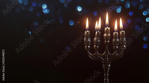 A festive Hanukkah celebration with traditional menorah and dreidel against a starry night-themed backdrop, macro shot, Minimalist style photo