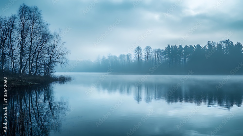 Misty lake landscape. Tranquil nature scene. Misty lake landscape. Tranquil nature scene.