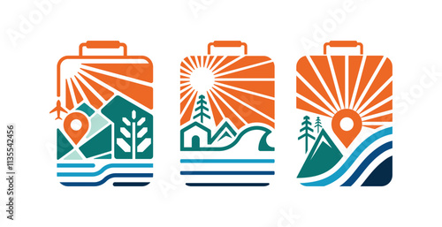 Travel logo design with travel bag, house, palm tree and sun illustration
