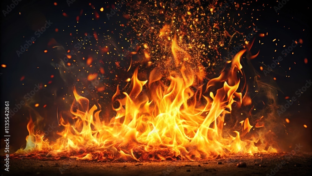Burning orange sparks rise from fire , inferno, heat, flame, glowing, embers, blaze, fiery, hot, bonfire, combustion Burning orange sparks rise from fire , inferno, heat, flame, glowing, embers, blaze, fiery, hot, bonfire, combustion
