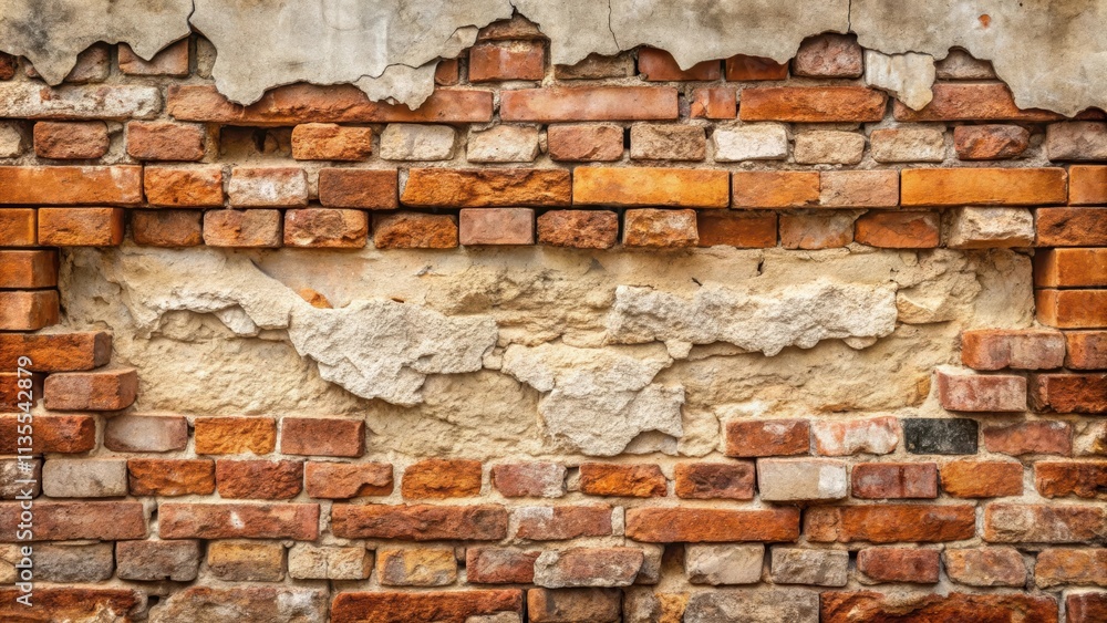 Fototapeta premium Strip of bricks in old wall with destroyed plaster, bricks, old, wall, destroyed, plaster, aged, vintage, architecture