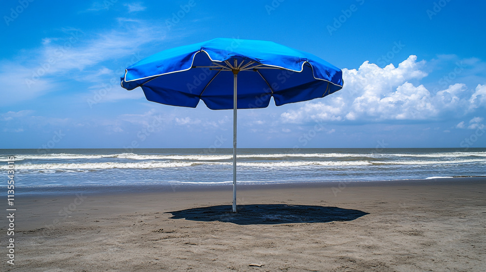 Blue beach umbrella provides shade on sandy shore under bright sky with clouds Blue beach umbrella provides shade on sandy shore under bright sky with clouds