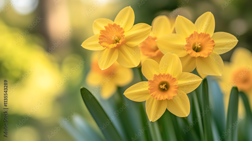 Bright yellow daffodils blooming in a lush garden during springtime Bright yellow daffodils blooming in a lush garden during springtime