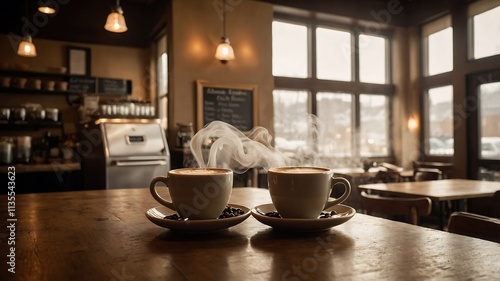 Wallpaper Mural A steaming cup of coffee adorned with a delicate swirl of cream, placed on a rustic wooden table. Torontodigital.ca