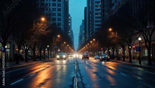 City street at night. Cars moving slowly on urban road. Illuminated street lights, buildings create warm ambiance. Empty sidewalks. Modern architecture with skyscrapers in background. Evening