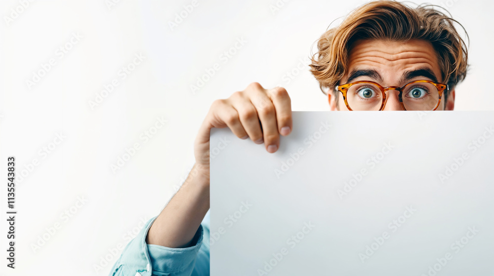 © Colors of Earth Co. - Happy man with glasses holding a blank sign for business, announcements, or educational presentations