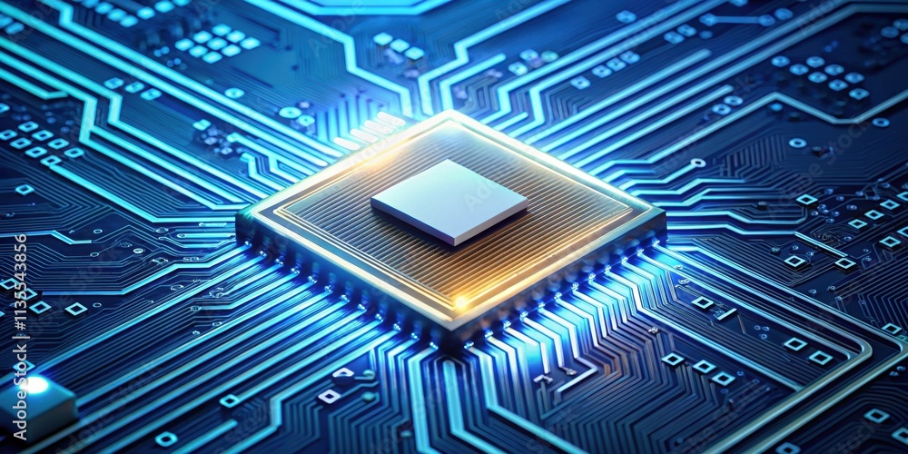 Illuminated microchip on circuit board representing 6G technology, 6G, technology, concept, illuminated Illuminated microchip on circuit board representing 6G technology, 6G, technology, concept, illuminated