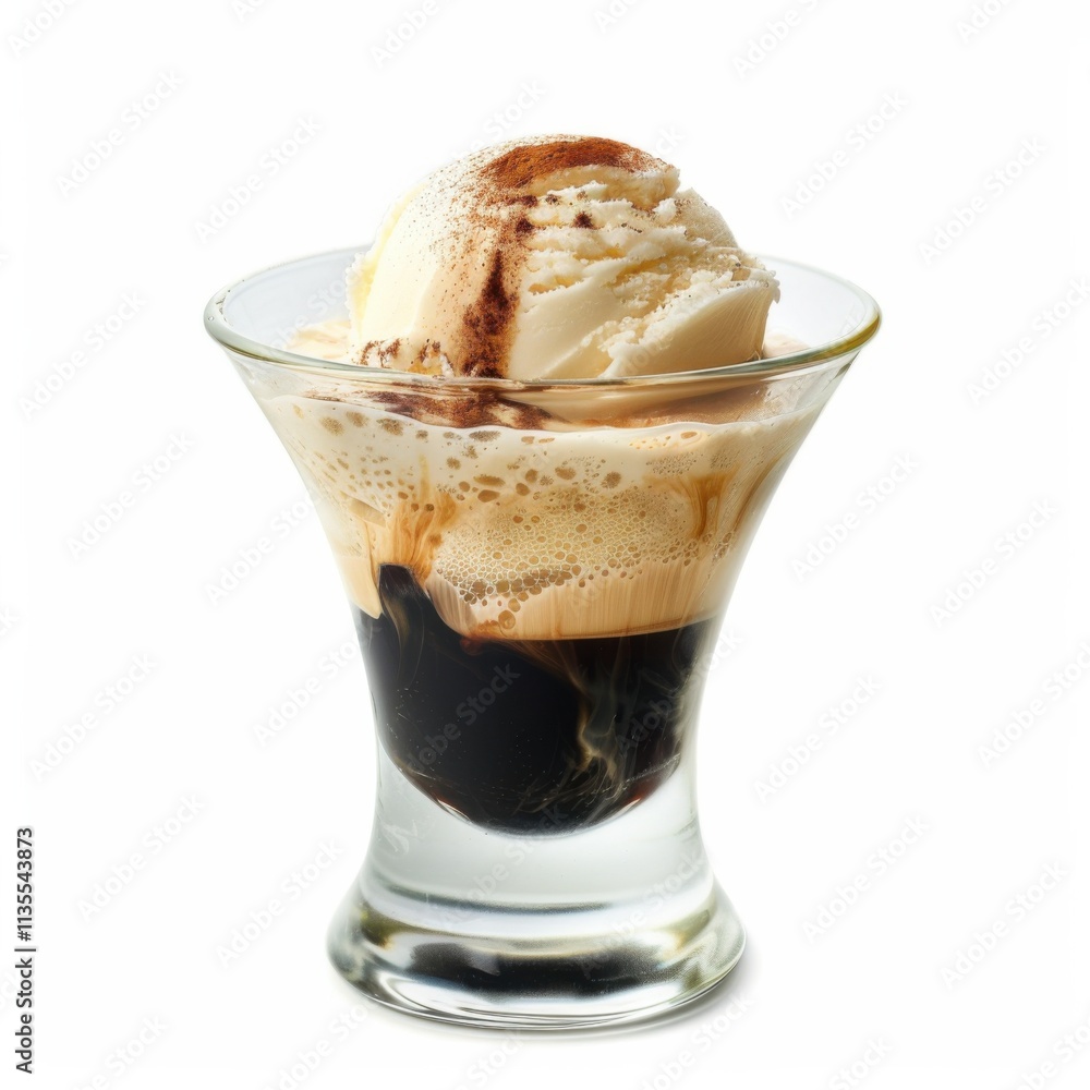 A decadent affogato with vanilla ice cream melting into espresso, against an isolated white background, minimalist art style