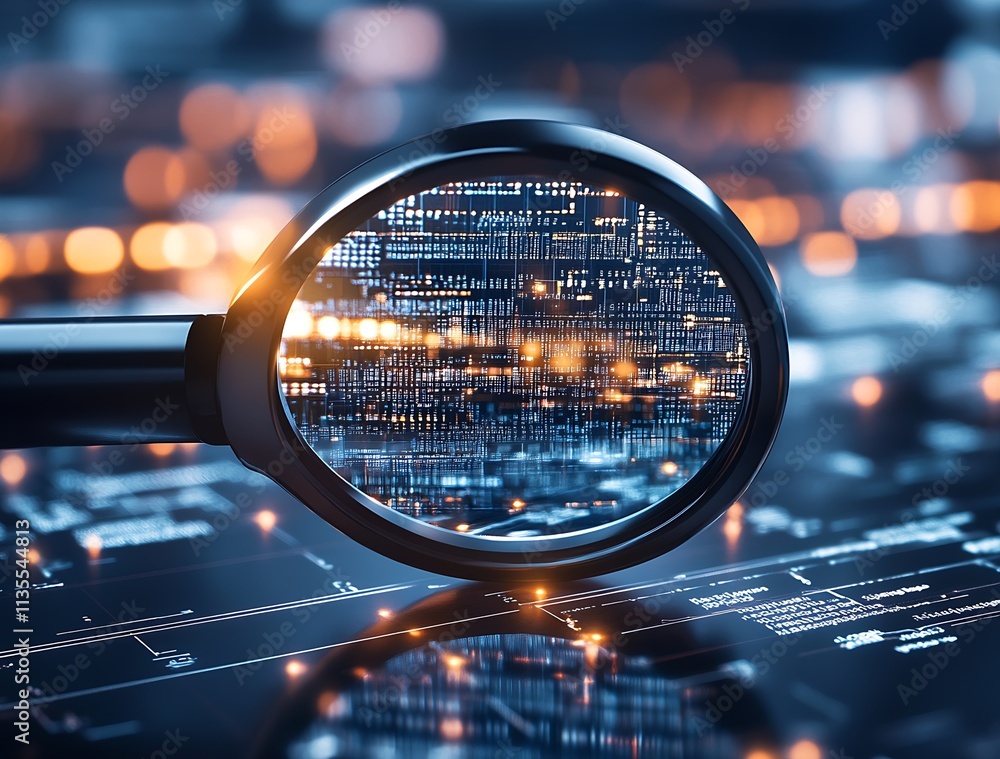 Magnifying Glass Zooms in on Digital Data on Futuristic Abstract Circuit Board Background : Generative AI Magnifying Glass Zooms in on Digital Data on Futuristic Abstract Circuit Board Background : Generative AI