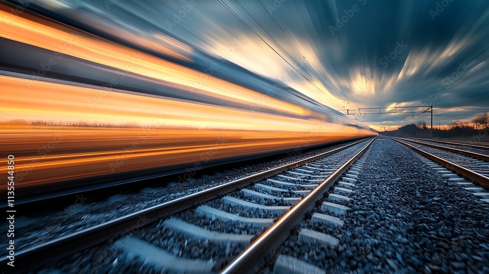 Obraz premium High speed train moving fast at sunset. Concept of speed, travel, and transportation.