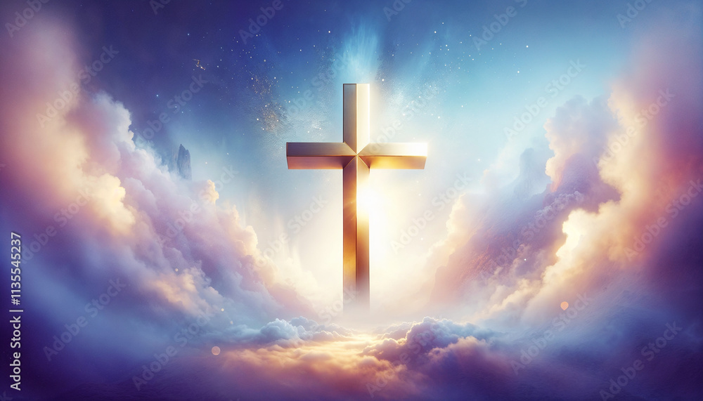 Glowing cross surrounded by heavenly light and clouds, symbolizing faith, spirituality, and divine hope for a website banner Glowing cross surrounded by heavenly light and clouds, symbolizing faith, spirituality, and divine hope for a website banner