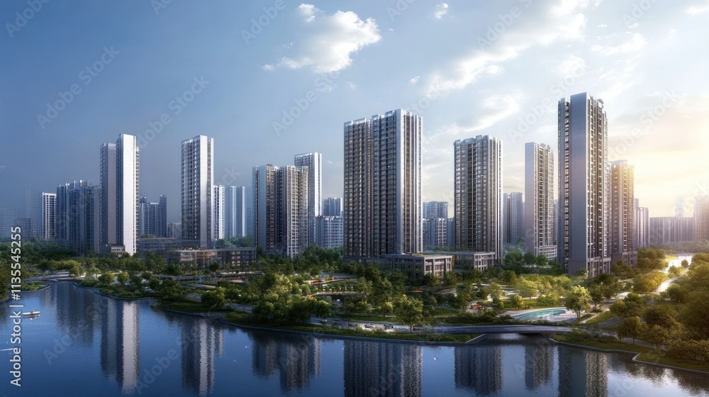 Fototapeta premium Modern Cityscape: Architectural Marvel by the Lake