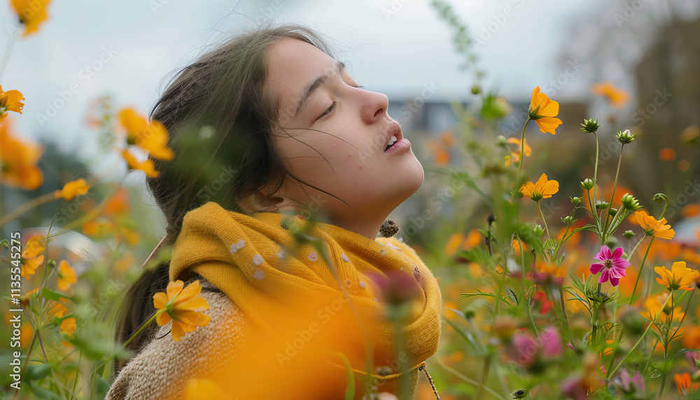 Naklejka premium Girl in Cosmos Flower Field