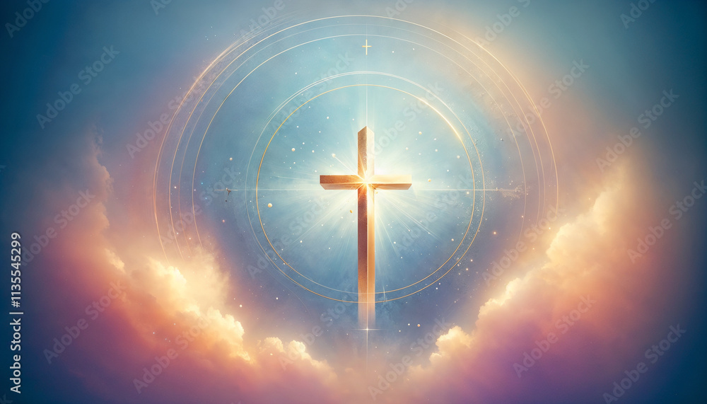Glowing cross surrounded by heavenly light and clouds, symbolizing faith, spirituality, and divine hope for a website banner Glowing cross surrounded by heavenly light and clouds, symbolizing faith, spirituality, and divine hope for a website banner