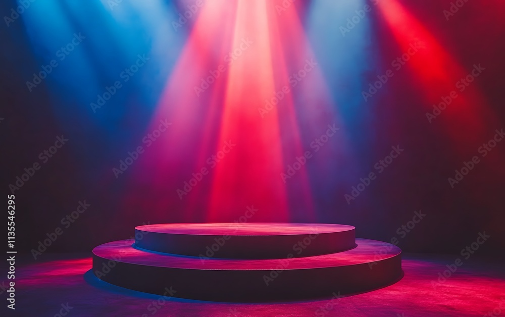 Two-tiered dark platform illuminated by red and blue stage lighting. Two-tiered dark platform illuminated by red and blue stage lighting.