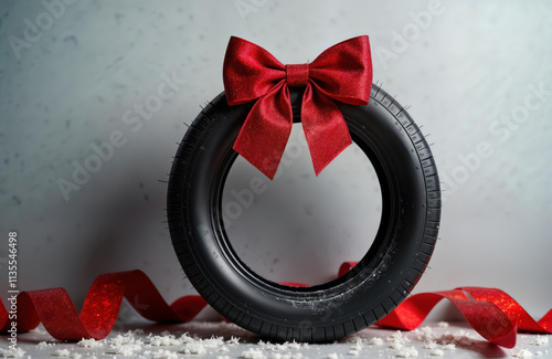 Black tire with festive red bow. Winter season themed auto gift. Holiday present wrapped. Image suitable for auto parts retailers Christmas shop. Image for seasonal advert catalog. Tire isolated photo