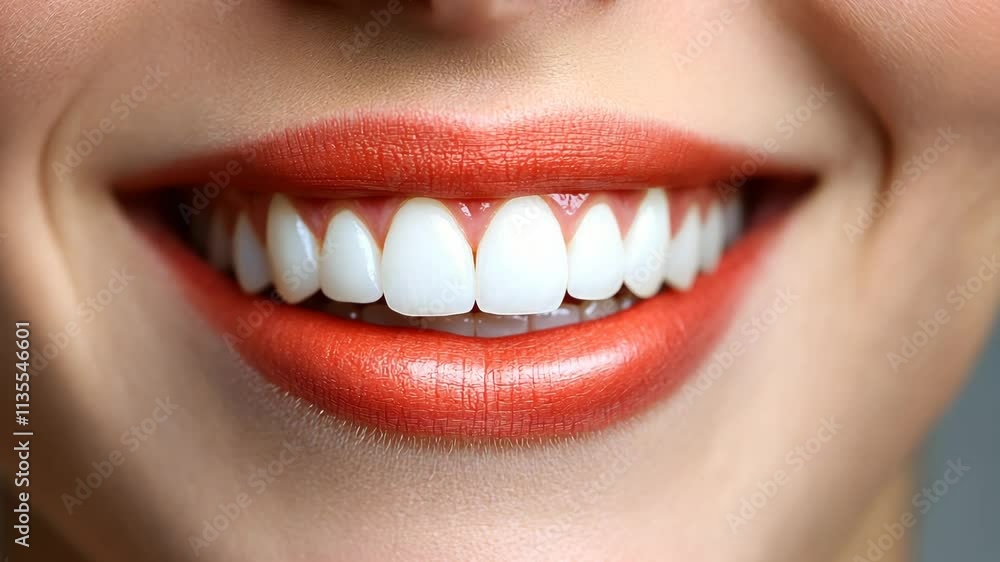 Bright red lips highlight a confident smile with perfectly white teeth in a close-up view Bright red lips highlight a confident smile with perfectly white teeth in a close-up view