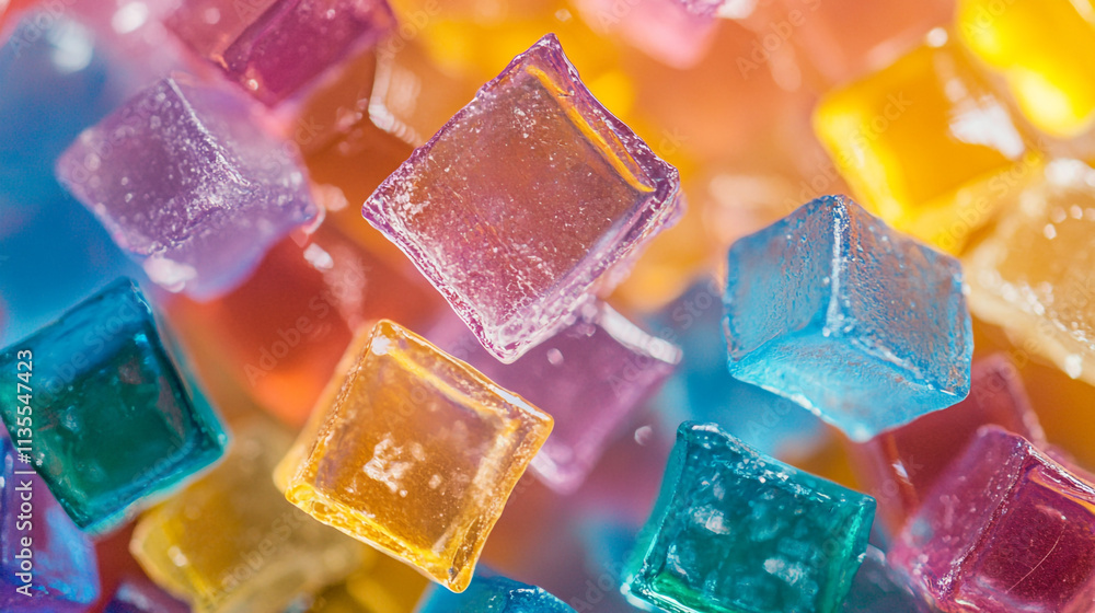 Colorful gelatin cubes scattered on a surface create a vibrant display of sweets Colorful gelatin cubes scattered on a surface create a vibrant display of sweets