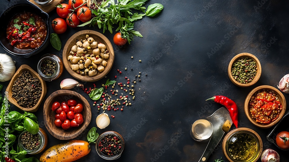 Variety of fresh herbs, spices, and vegetables. Concept of cooking, healthy food, and culinary ingredients. Variety of fresh herbs, spices, and vegetables. Concept of cooking, healthy food, and culinary ingredients.