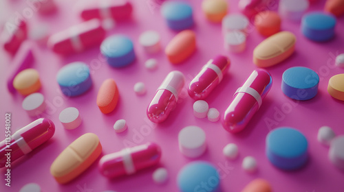 Variety of colorful pills and capsules scattered on a vibrant pink background in close-up view