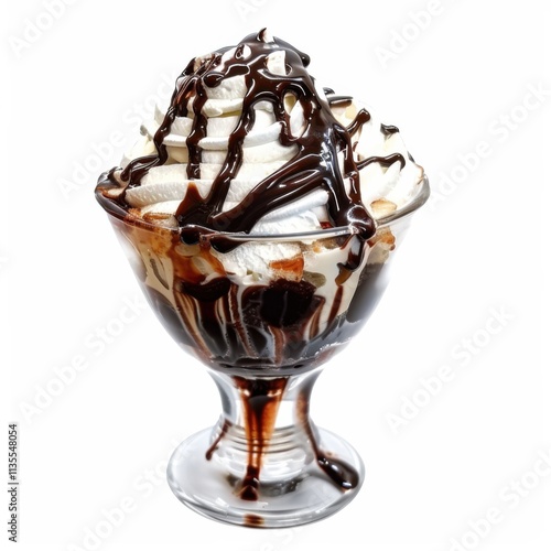 A decadent hot fudge sundae with whipped cream and chocolate drizzle, against an isolated white background, surrealism art style photo