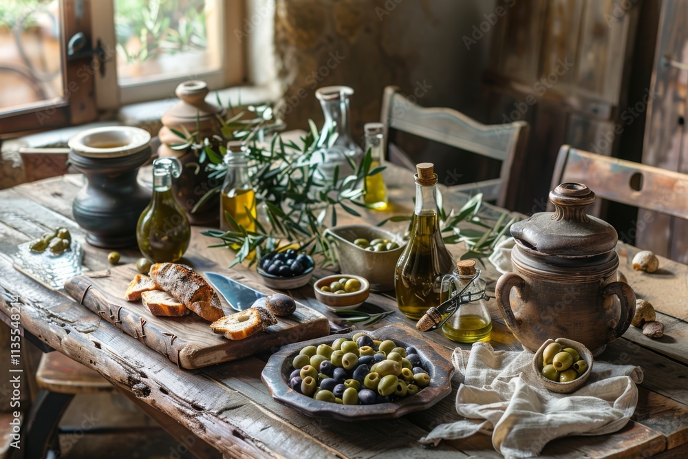Rustic Table Set with a Variety of Olive Oils, Fresh Olives, and Artisan Bread in a Cozy Kitchen Ambiance for Culinary Enthusiasts Rustic Table Set with a Variety of Olive Oils, Fresh Olives, and Artisan Bread in a Cozy Kitchen Ambiance for Culinary Enthusiasts