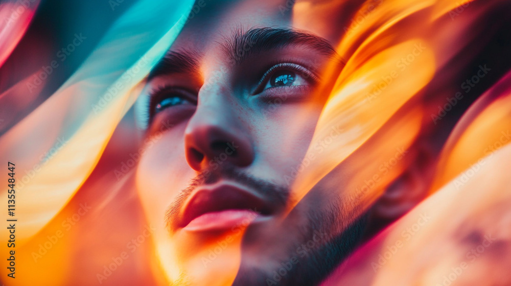 Portrait of a young man with a dreamy expression surrounded by vibrant colors Portrait of a young man with a dreamy expression surrounded by vibrant colors