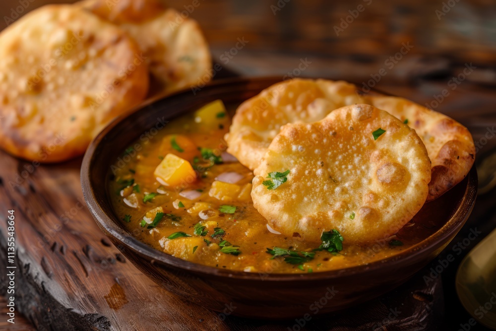Traditional Indian Poori with Aloo Curry Served on a Wooden Platter, Showcasing Crispy Bread Accompanied by Flavorful Potato Dish Garnished with Fresh Herbs Traditional Indian Poori with Aloo Curry Served on a Wooden Platter, Showcasing Crispy Bread Accompanied by Flavorful Potato Dish Garnished with Fresh Herbs