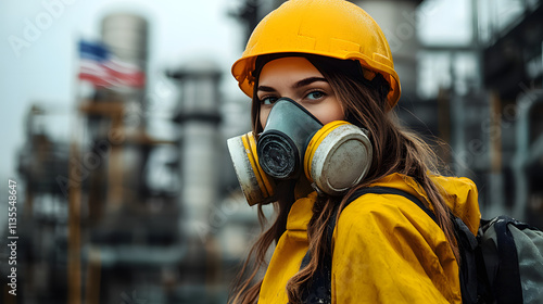 A woman adorned in a vibrant yellow helmet and protective gas mask stands confidently in a hazardous work environment. Her sturdy attire hints at the dangerous nature of her surroundings. 