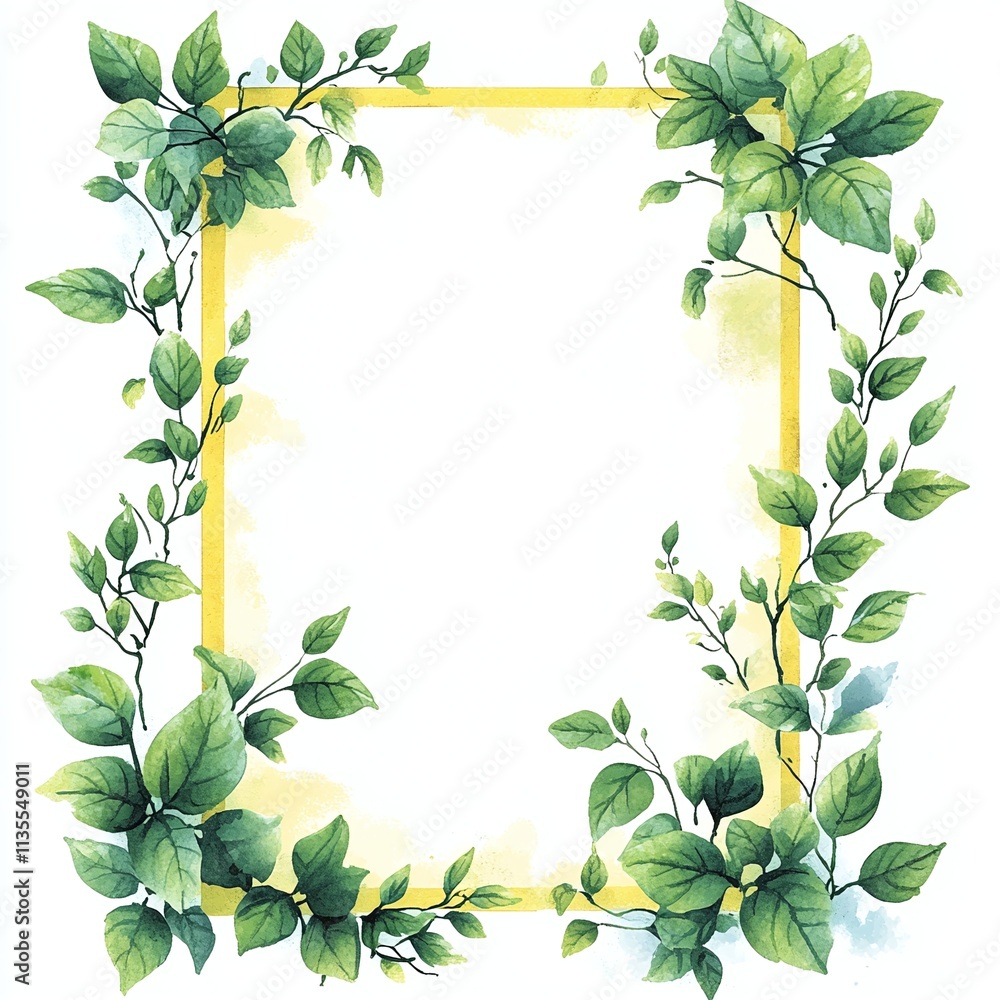 Fototapeta premium A yellow rectangular blank frame with green vines on the four corners