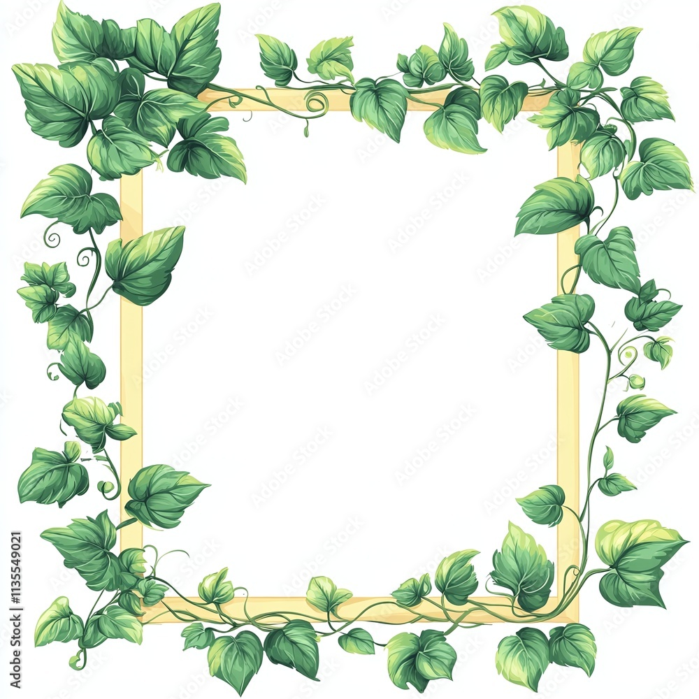 A yellow rectangular blank frame with green vines on the four corners A yellow rectangular blank frame with green vines on the four corners