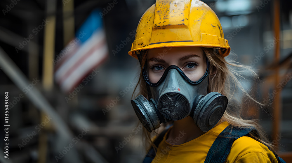 A woman adorned in a vibrant yellow helmet and protective gas mask stands confidently in a hazardous work environment. Her sturdy attire hints at the dangerous nature of her surroundings. A woman adorned in a vibrant yellow helmet and protective gas mask stands confidently in a hazardous work environment. Her sturdy attire hints at the dangerous nature of her surroundings.